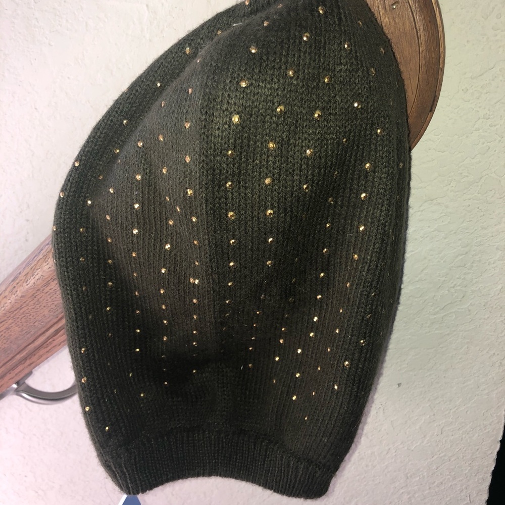 Olive Knit Slouchy Hat with Gold Accents